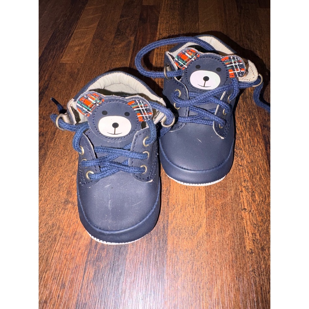 Goldbug Baby Bear Boots Navy Blue Plaid Ears Soft Sole Crib Shoes Size 2 6-9M